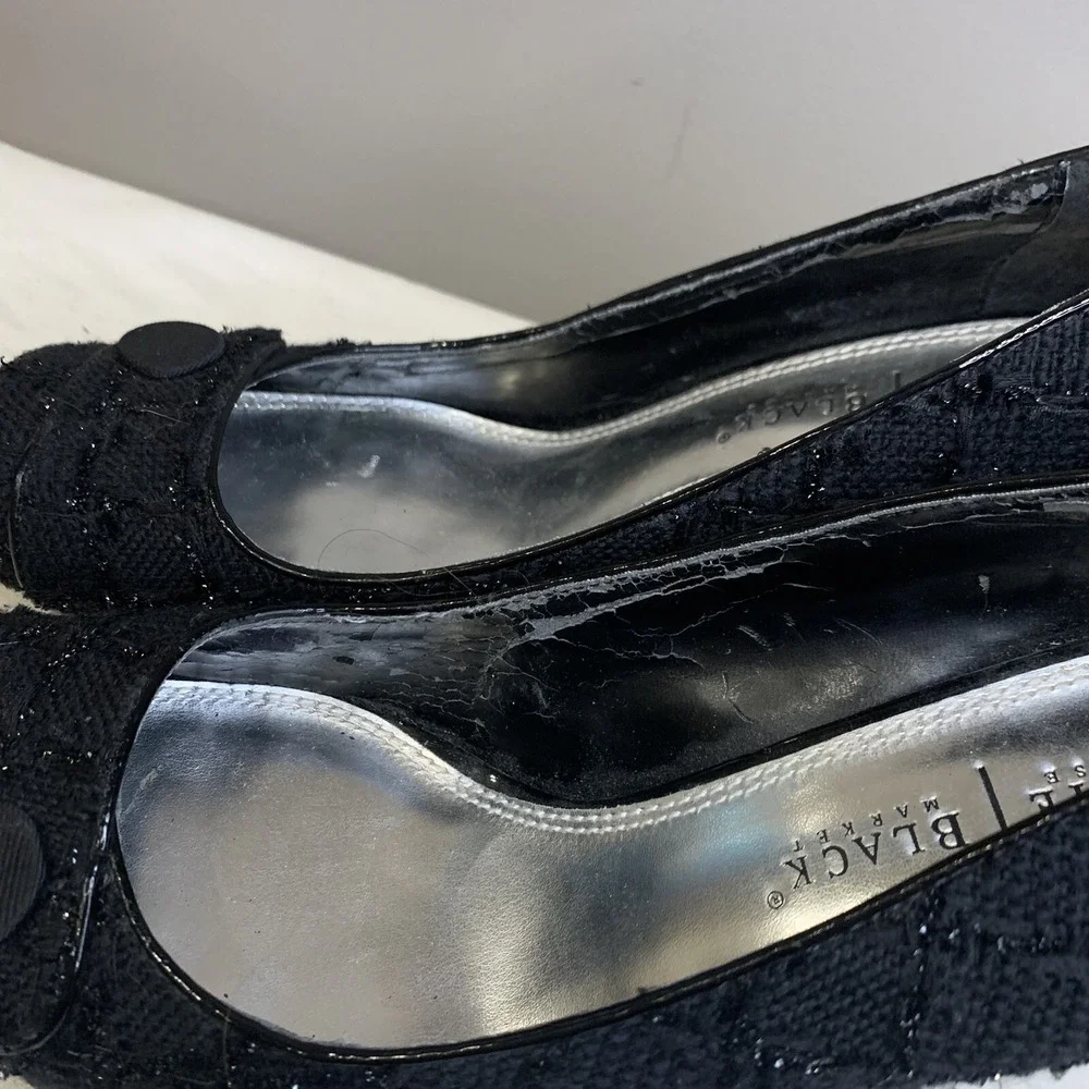 White House Black Market Edison Pumps Womens 8.5 Black Tweed Metallic Heels Glam